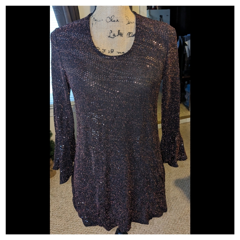 Slinky Brand Stretch 3/4 Sleeve Blouse Sequined XS